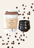 coffee lover armband mit dazugehöriger karte und einem handgedrehten schwarzen Kaffeebecher. Geschenkset für Kaffeeliebhaber 
