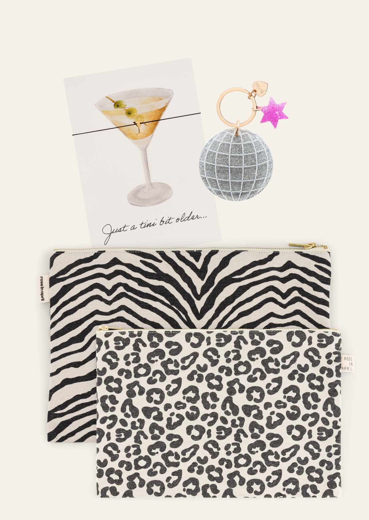 Geschenkset Party Animal mit Zebra-Tasche und Leo_tasche zur Auswahl, Disko Schlüsselanhänger und Armband mit Anhänger von Lisou Studio