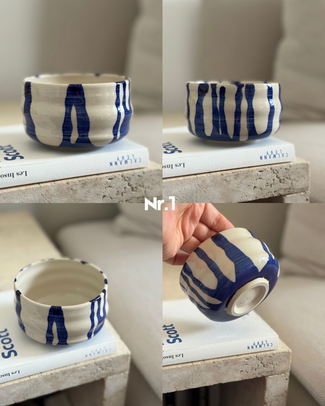 Vier verschiedene aufnahmen eines beigen Bechers mit blauer Drip Glasur 